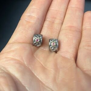 Set of 2 Retired Pandora Double Heart Pink Sapphire Clip 14K, SS925 790382PSA